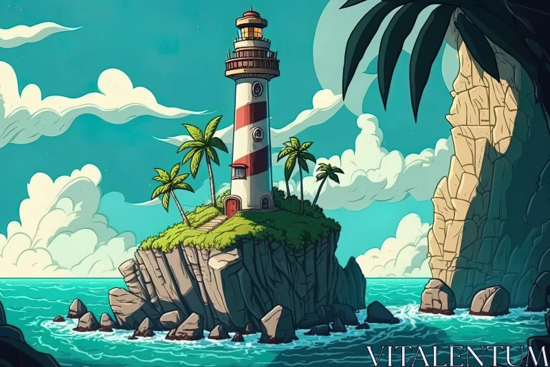 Captivating Cartoon Lighthouse on Island | Mesmerizing Digital Art AI Image