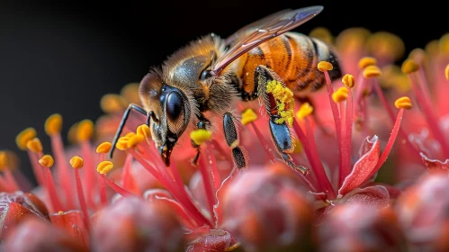 Close-Up Honey Bee on Red Flower