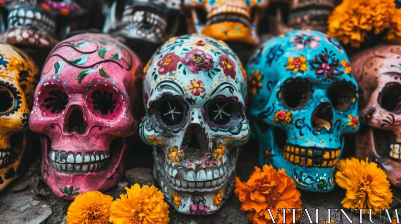 Colorful Sugar Skulls: A Vibrant Mexican Folk Art AI Image