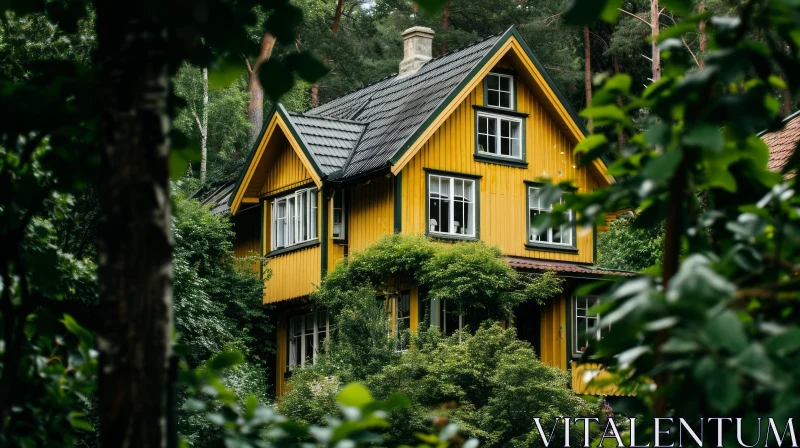 Enchanting Yellow Wooden House in a Green Forest AI Image