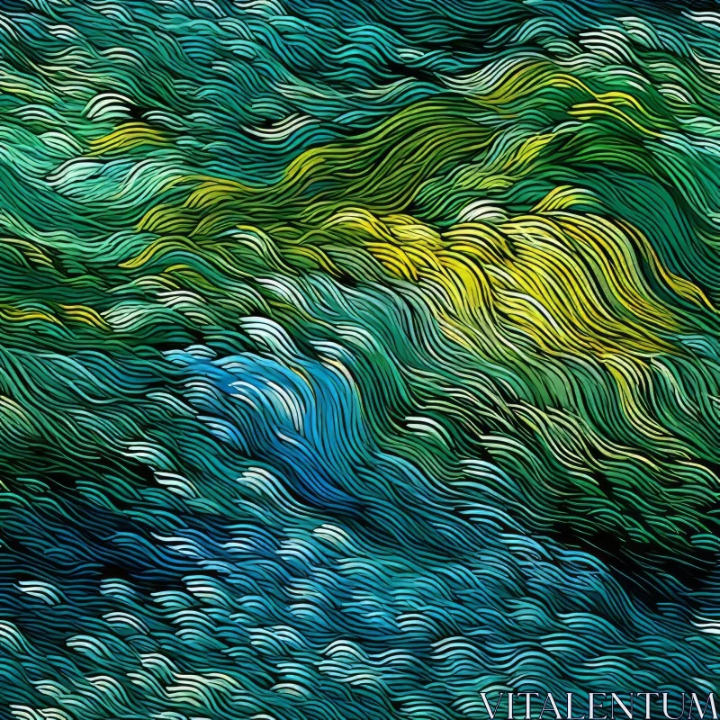 Energetic Abstract Wave Painting in Green, Blue, Yellow AI Image