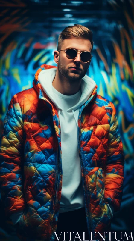 Fashion Portrait: Young Man in Colorful Puffer Jacket and Sunglasses AI Image