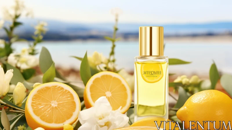 Glass Perfume Bottle with Lemon Slices on Sky Background AI Image