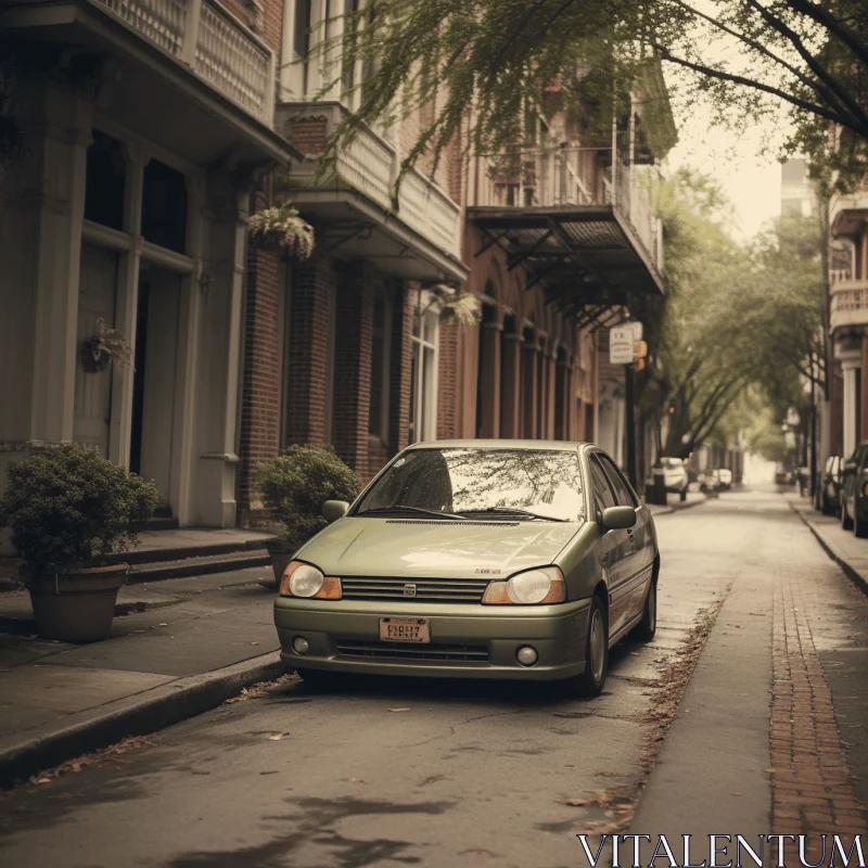 Green Car Parked in City Sidewalk - Southern Gothic Style AI Image
