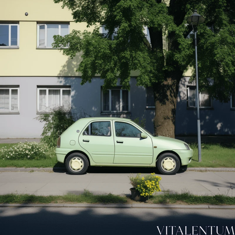 Green Car Parked on the Street | Kodak Colorplus | Rococo Pastel AI Image