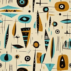 Mid-Century Modern Abstract Seamless Pattern in Black, Blue, Brown on Beige