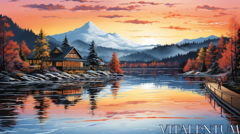 Mountain Lake Sunset Painting AI Image