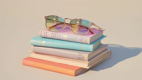 Pastel-Colored Books and Glasses Stack Artwork