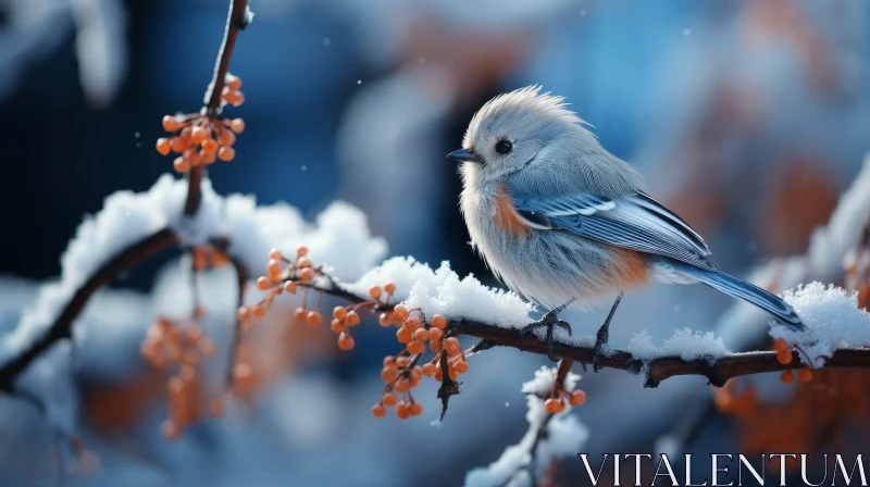 AI ART Peaceful Winter Bird on Snowy Branch