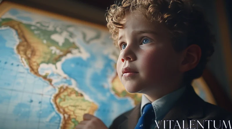 AI ART Pensive Boy in Suit Contemplating World Map