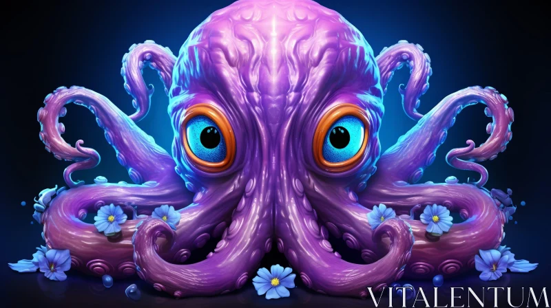 Purple Octopus 3D Rendering on Blue Flowers AI Image