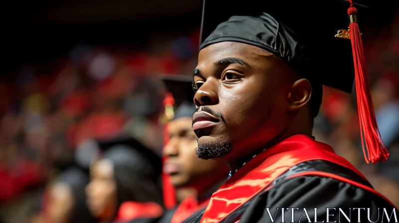 Thoughtful African-American Man in Graduation Cap and Gown AI Image