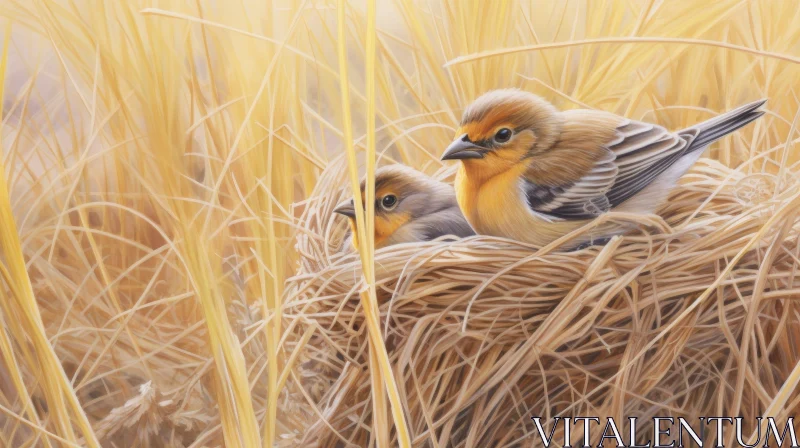Tranquil Birds in Nest Painting AI Image