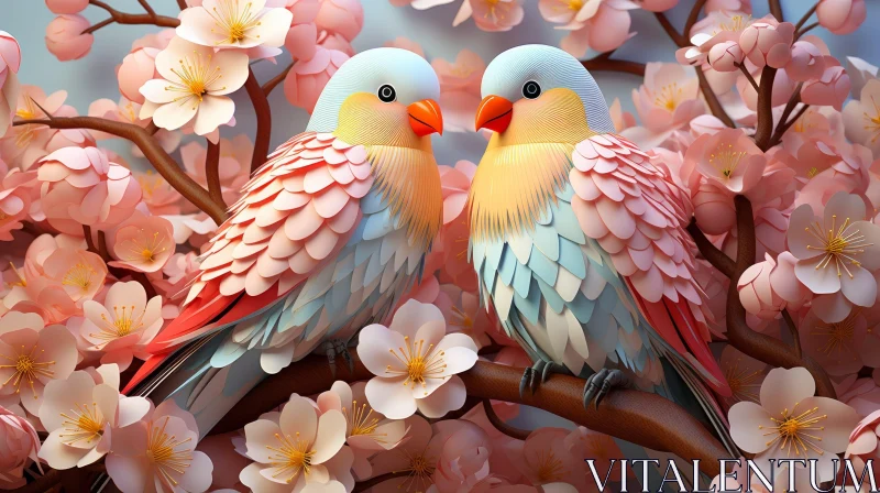Tranquil Parrots on Cherry Blossom Tree AI Image