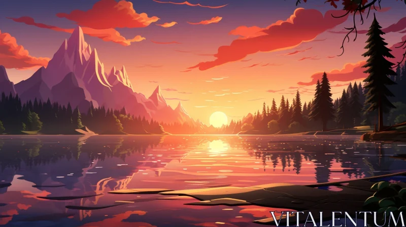 AI ART Tranquil Sunset Lake and Mountain Landscape