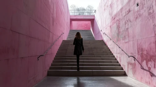 Woman Walking Up Concrete Stairs with Pink Walls | Architecture