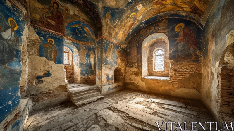 Abandoned Church Interior with Faded Frescoes and Broken Planks AI Image