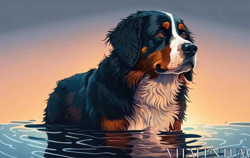 Captivating Bernese Dog in Lake at Sunset | Detailed Character Design AI Image