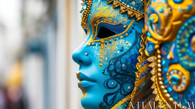 Close-up of Woman in Blue and Gold Venetian Mask AI Image