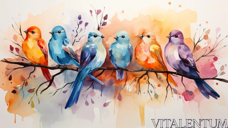 Colorful Birds Watercolor Painting on Branch AI Image