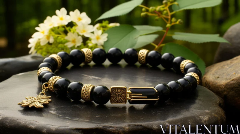 Elegant Black and Gold Beaded Flower Bracelet on Stone AI Image