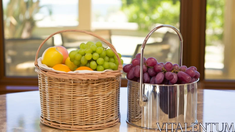 Fruit Still Life Composition with Wicker Basket and Metal Container AI Image