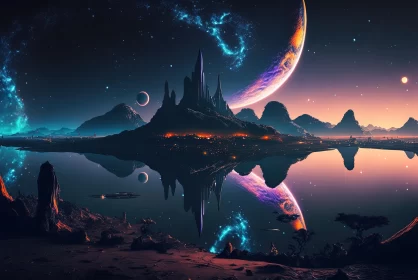 Gothic Futurism meets Fantasy: Vibrant Space Landscape with Stars and Planets