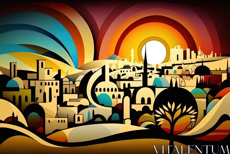 Israel's Cityscape at Sunrise: A Vibrant and Colorful Design AI Image