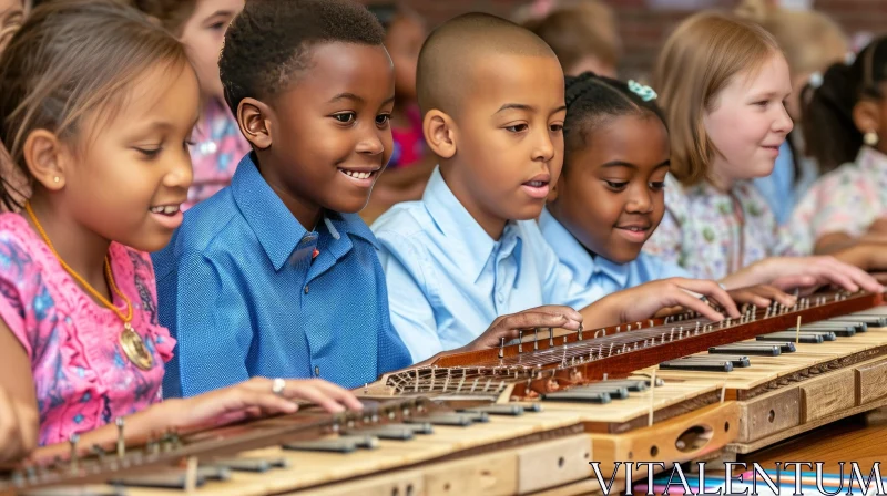 Joyful Children Playing Xylophone in a Classroom AI Image
