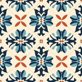 Moroccan Tiles Seamless Pattern - Blue, Red Stars on Cream Background