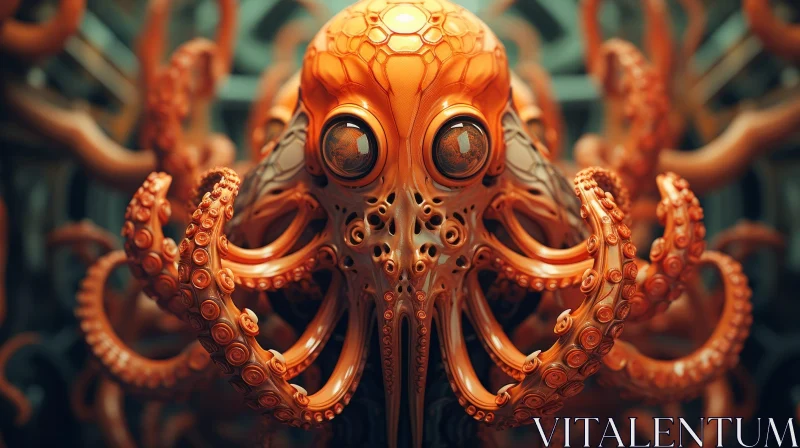 Orange Octopus 3D Rendering with Hexagonal Plates AI Image