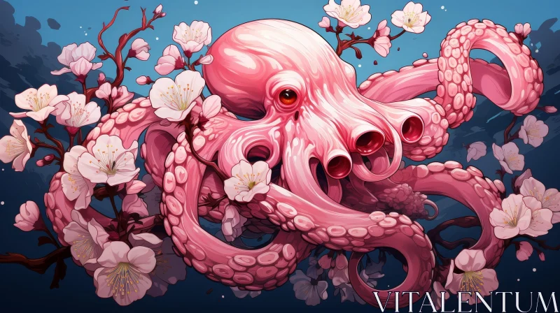 Pink Octopus with Cherry Blossoms Digital Painting AI Image