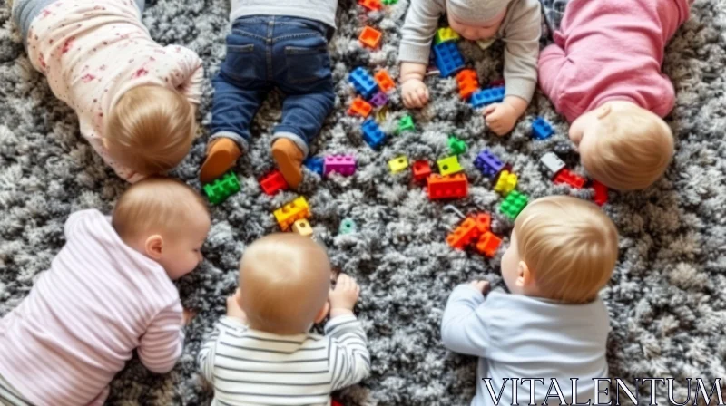 Playful Exploration of Six Babies with Colorful Blocks on a Soft Gray Carpet AI Image