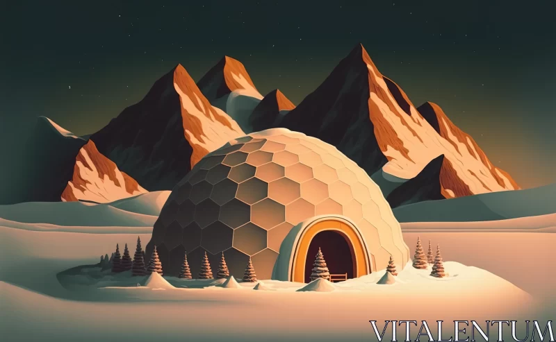 Retro Futurism: Detailed Illustration of Igloo with Red Hives and Mountains AI Image