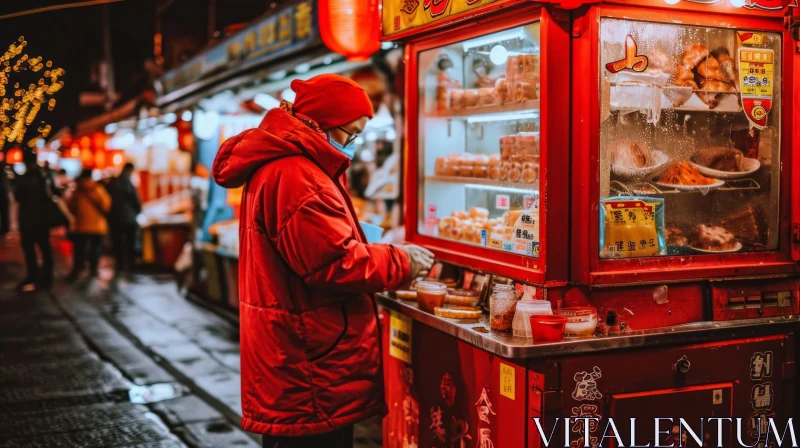 Street Food Vendor in Beijing, China - Red Jacket and Mask AI Image