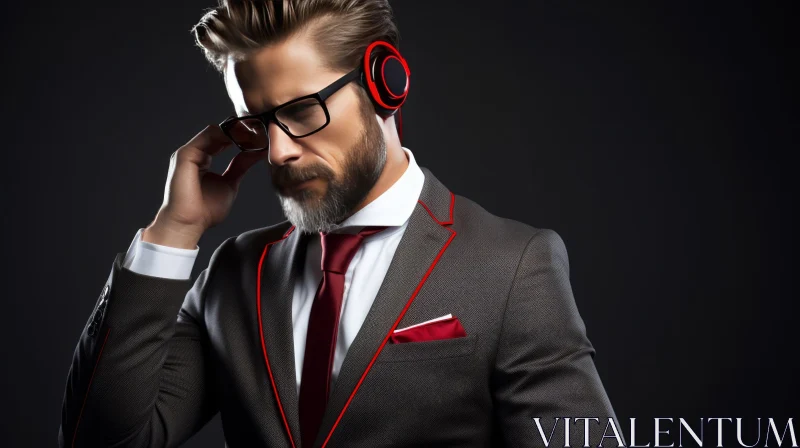 Stylish Man in Suit and Headphones on Black Background AI Image