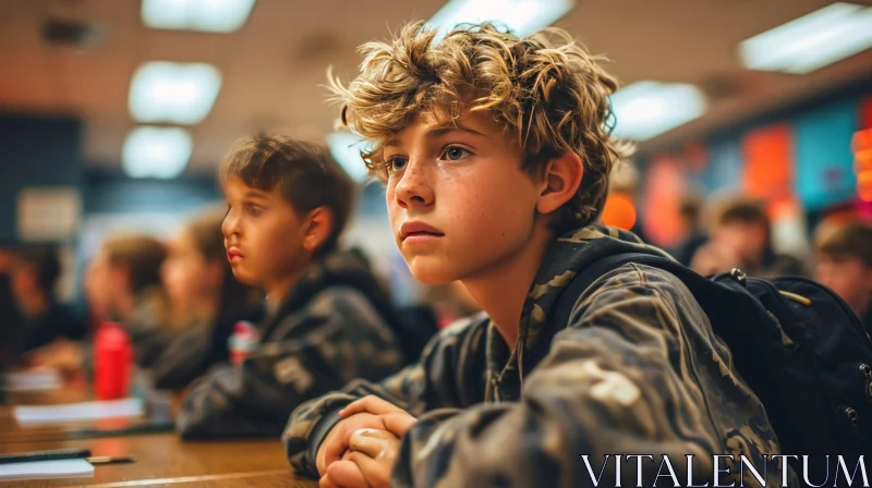 AI ART Thoughtful Teenage Boy in Classroom - Captivating Image