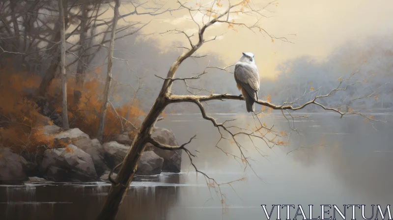 AI ART Tranquil Owl Painting on Branch Over Lake