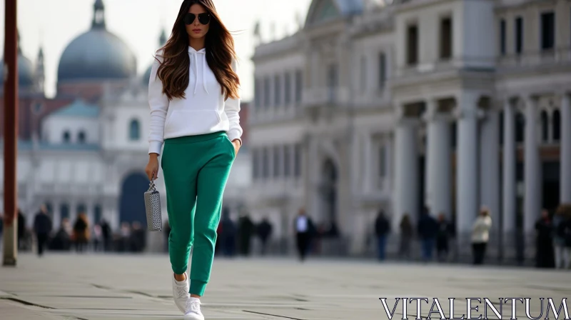Young Woman Walking in European City AI Image