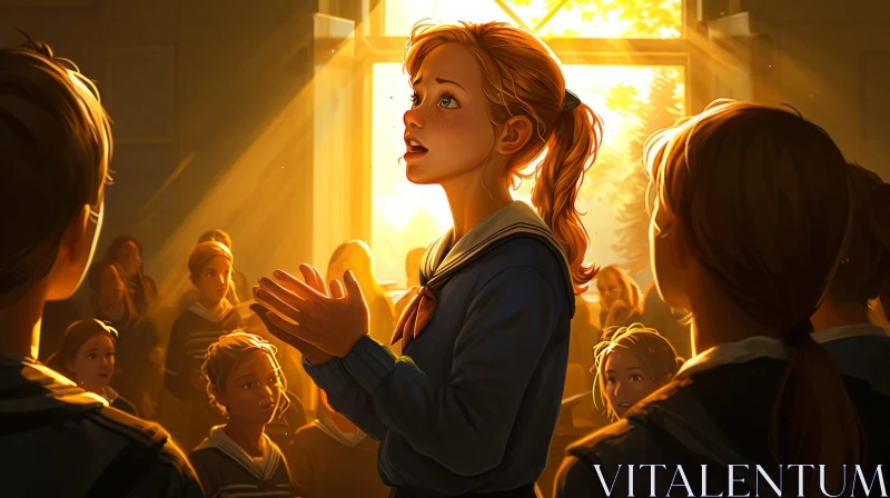 Beautiful Painting of a Young Girl Singing in a Choir AI Image