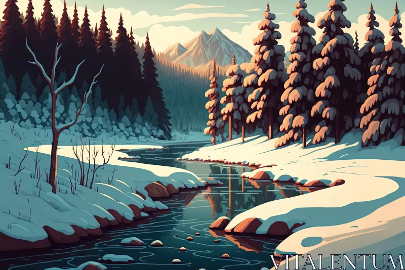 AI ART Captivating Winter Mountain and River Illustration in Traditional Style