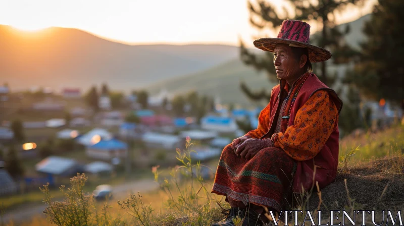 Elderly Man in Traditional Mongolian Clothing on Hilltop | Village Overlook AI Image