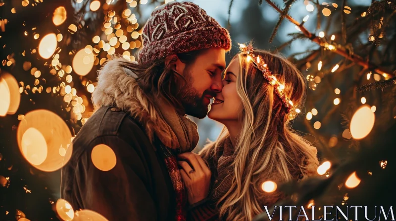 Enchanting Christmas Kiss by Young Couple AI Image