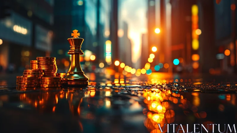Golden King Chess Piece on Wet City Street | Artistic 3D Rendering AI Image