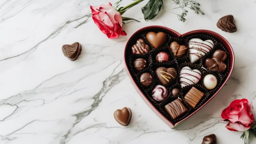 Heart-Shaped Box of Chocolates on Marble Table
