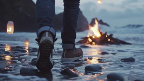 Mysterious Beach Scene with Man and Bonfire