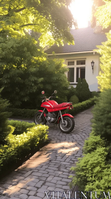 Peaceful Red Motorcycle Parked Outside a Charming House AI Image