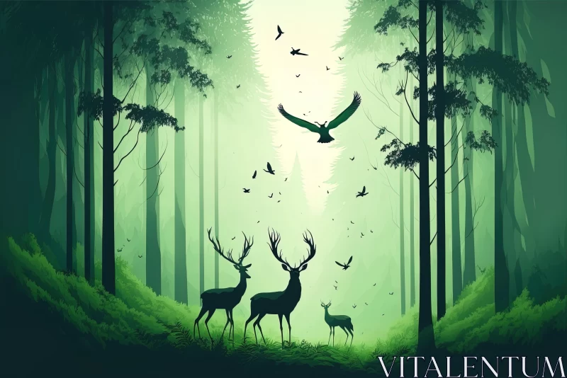 AI ART Serene Forest Scene: Deer and Avian Birds in Lush Greenery