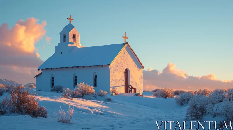 Serene Winter Landscape with Small Church AI Image