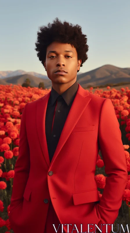 Serious African-American Man in Red Suit in Field of Red Flowers AI Image